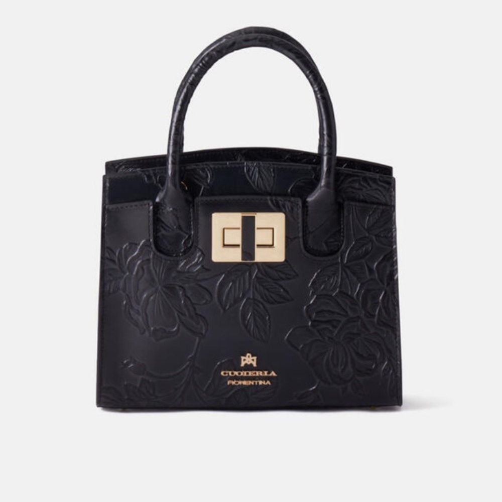REAL Cuoieria Fiorentina - Black Floral Embossed Leather Small Tote Bag ✨